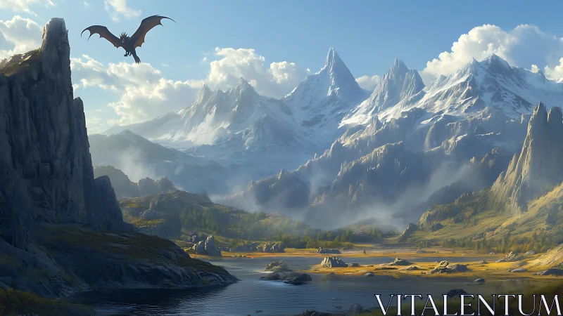 Dragon silhouette over expansive alpine valley landscape.