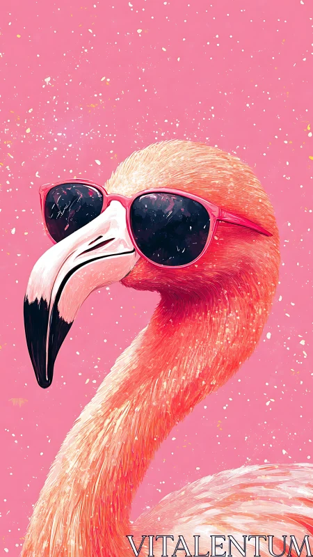 Sunglassed flamingo strikes a cool pose in candy skies.
