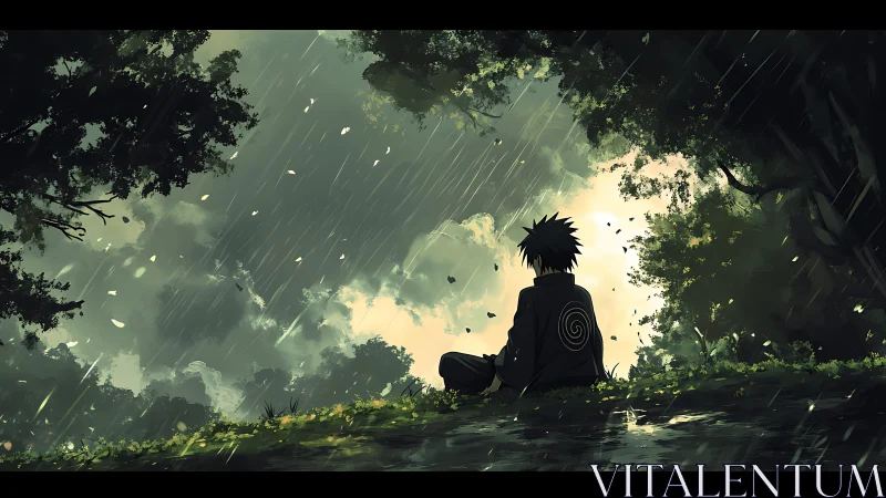 Solitary anime figure seated in rainy forest clearing.