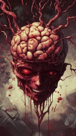 Exposed neural skull with vascular tendrils rendered in high-detail gore