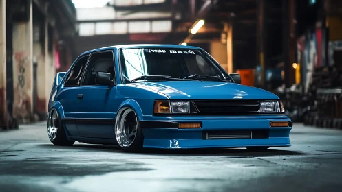 Lowered blue hatchback rests in moody abandoned warehouse