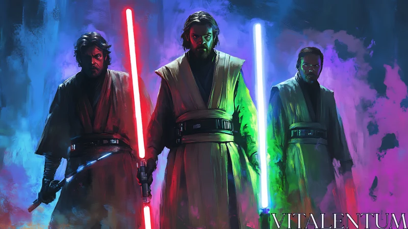 Three robed warriors hold glowing energy swords in mist