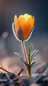 Macro portrait of a backlit orange wildflower in sunrise glow.