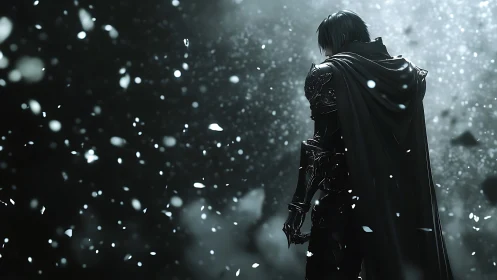 Shadow-clad knight pauses beneath a storm of silver embers.