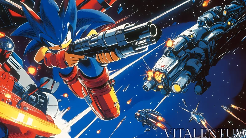 Blue speedster engages starship assault in neon-lit space.