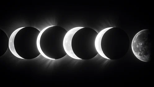Lunar eclipse sequence with glowing solar corona silhouettes.