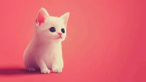 White Kitten on Coral Pink Background in Soft Light.