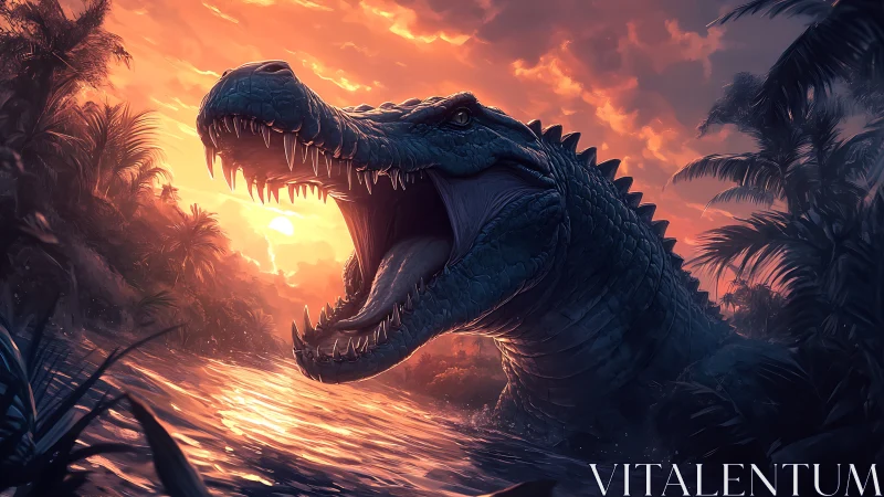 Giant prehistoric reptile roars in fiery jungle river light.