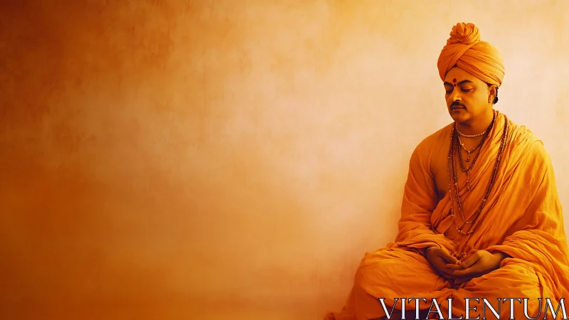 Saffron silence cradling a meditating monk in warm hush.