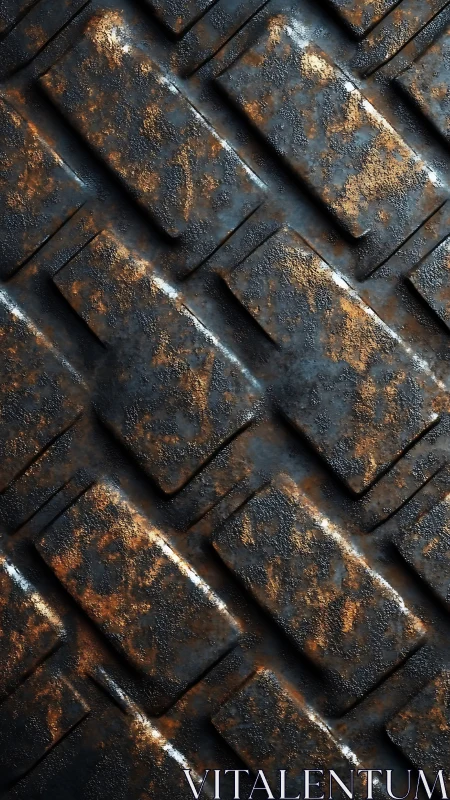 Weathered metal bricks in diagonal industrial pattern.