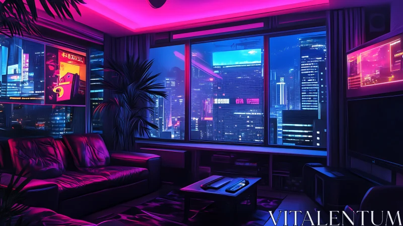 Cozy neon city apartment glowing with futuristic night lights.
