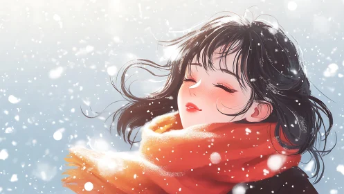 Girl with red scarf in gentle falling winter snowstorm.