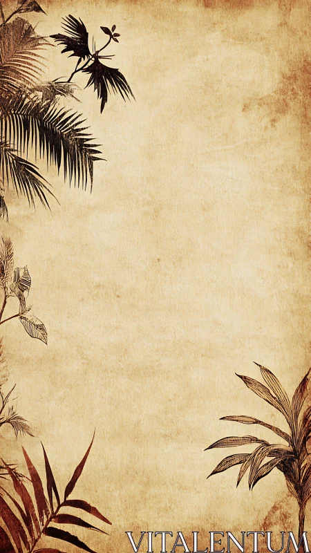 Vintage parchment background frames tropical palm silhouettes