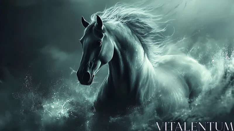 Wild spectral horse emerges from storm-tossed ocean waves.