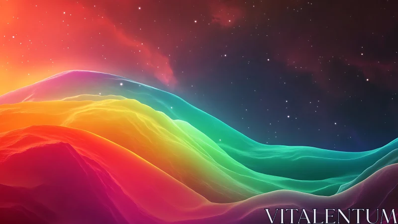 Neon gradient dunes under starry cosmic night sky.