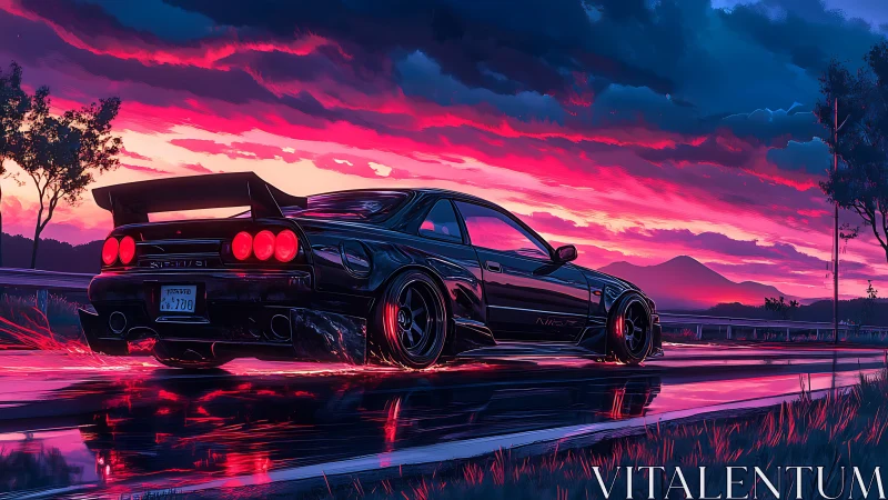 Modified black coupe on wet highway under vivid sunset sky.