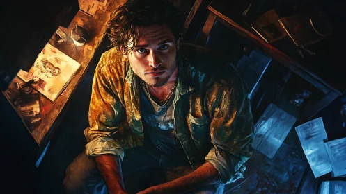 Brooding artist under split light studies worn sketches.