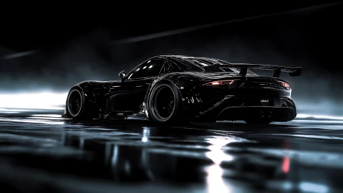 Midnight supercar glides across a neon‑lit wet track.