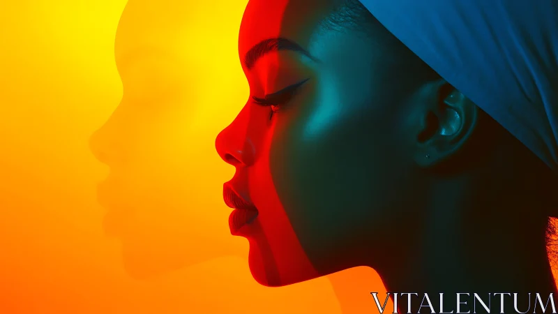 Profile portrait in warm orange and red gradient light.