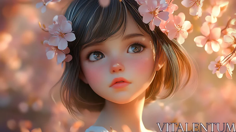 Digital portrait shows stylized girl framed by cherry blossoms