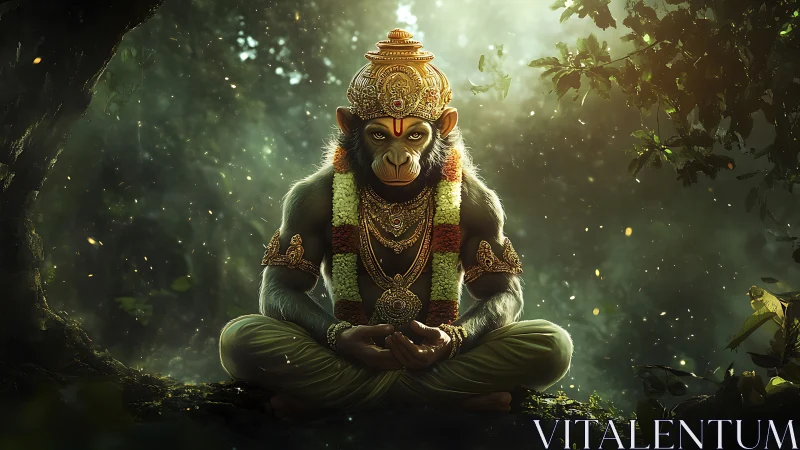 Jungle-kissed monkey sage holds silent court in emerald light