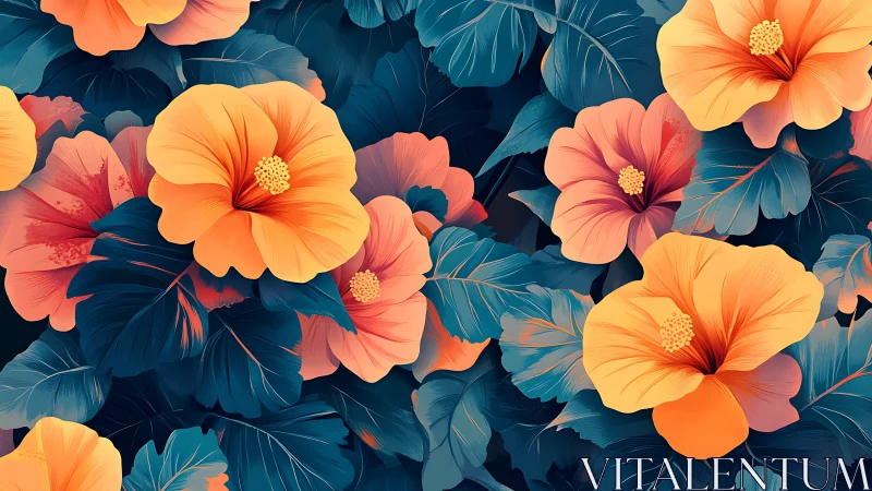 Vibrant Floral Tapestry with Coral Blooms and Teal Foliage.