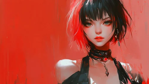 Chromatic cyber-goth portrait with high-saturation red field.