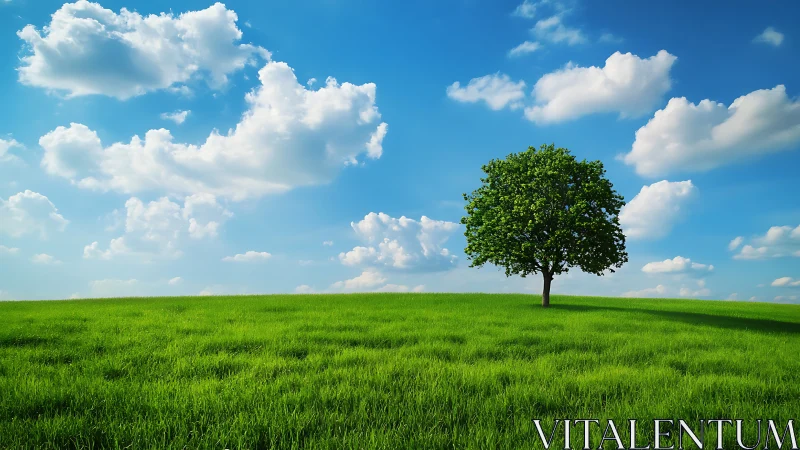Lone green tree on grassy hill under bright blue sky with clouds.
