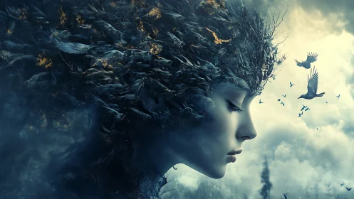 Surreal profile of woman merging with storm of dark birds.