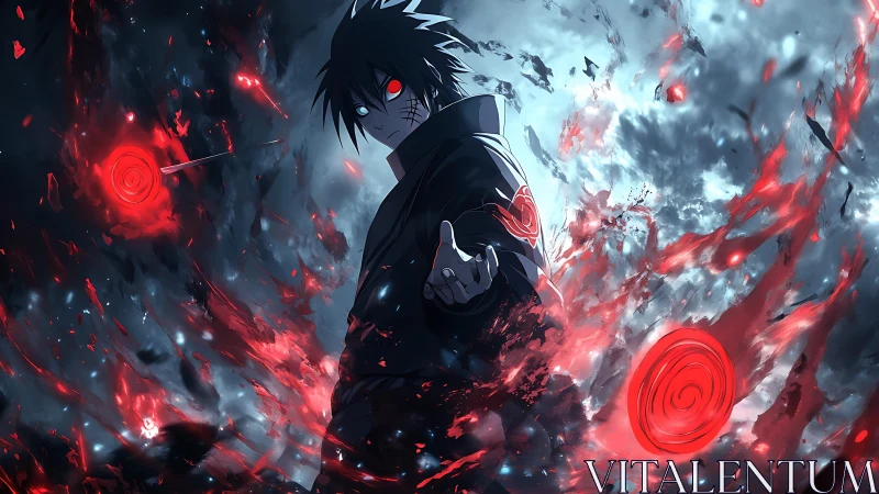 Storm-lit anime sorcerer wrapped in swirling red energy.