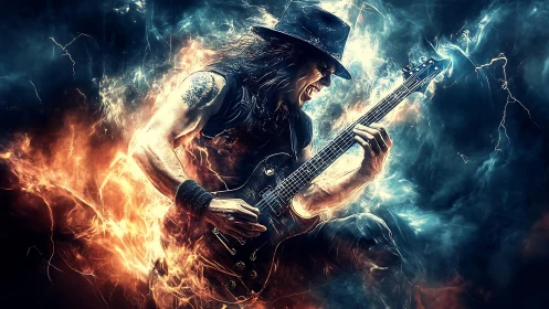 Stormrider guitarist shredding through fire and lightning.