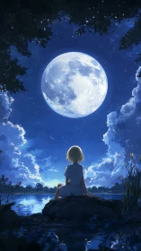 Luminous full moon over lakeside silhouette in blue night sky.