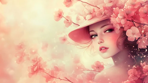 Dreamy portrait draped in soft pink cherry blossoms.