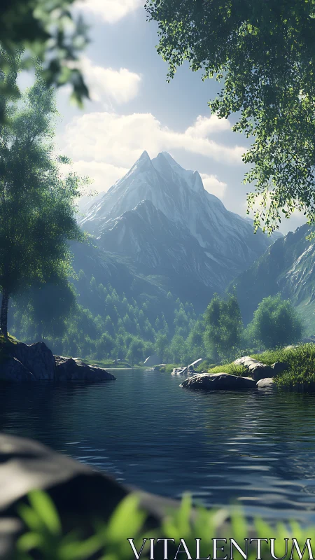 Mountain lake sits below steep snowcapped peak and forest