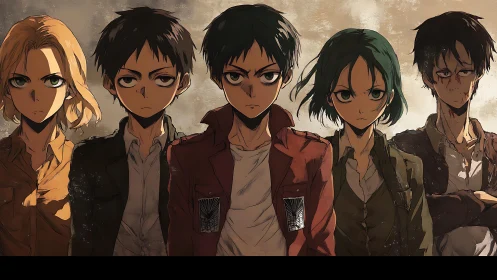 Five stern anime characters stand in a gritty lineup