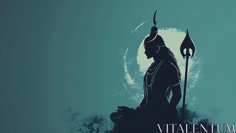 Silhouette of meditative figure with trident on teal field.