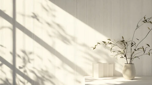 Sunlit shadows dance with minimalist vase and quiet leaves.