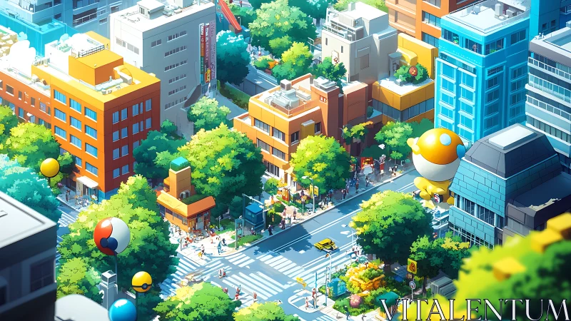 Isometric summer streetscape with parade-scale mascot balloons.