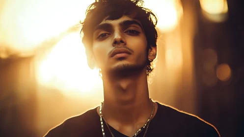 Backlit young man in golden hour cinematic portrait.