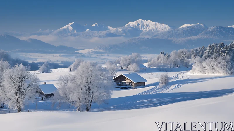 Snow covered rural cabins beneath distant mountain range.