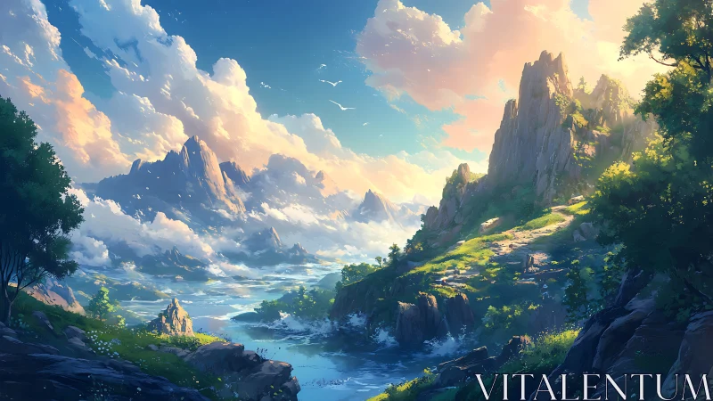 Sunlit fantasy mountains rise above winding river valley