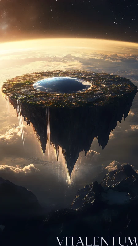 Floating Island Universe: Crystalline Lake Above Clouds.