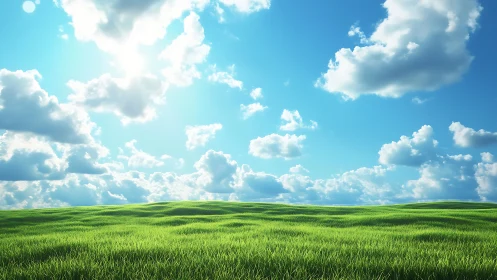 Grassy field under midday sun with scattered cumulus clouds.