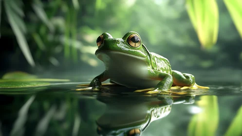 Emerald rainforest frog poised above mirror-still water surface.