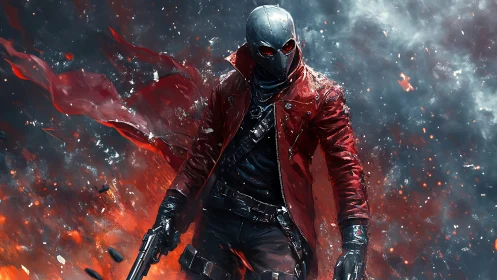 Masked antihero strides through firelit chaos with quiet power