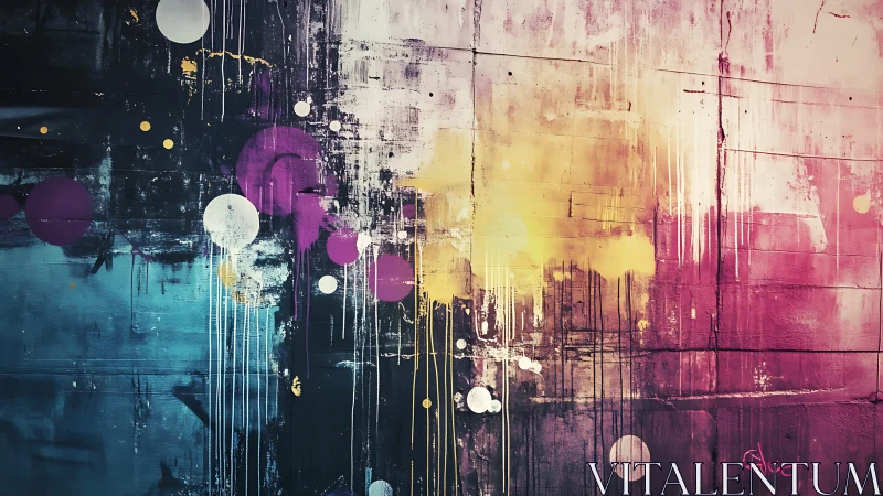 Vibrant abstract mural with drips, circles, and split colors.