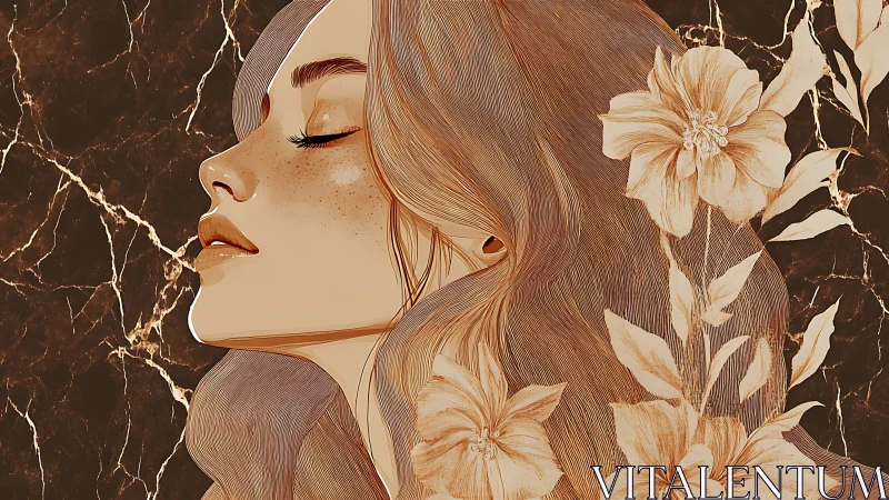 Sepia dreamer in marble bloom, adrift between calm and gold.