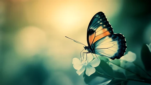 Butterfly rests on white blossom in dreamy morning light