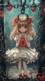 Locked hearts and quiet secrets in a dreamlike doorway.