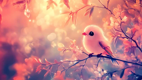 Fluffy White Bird on Blossom Branch in Dreamy Pastel Art Style.